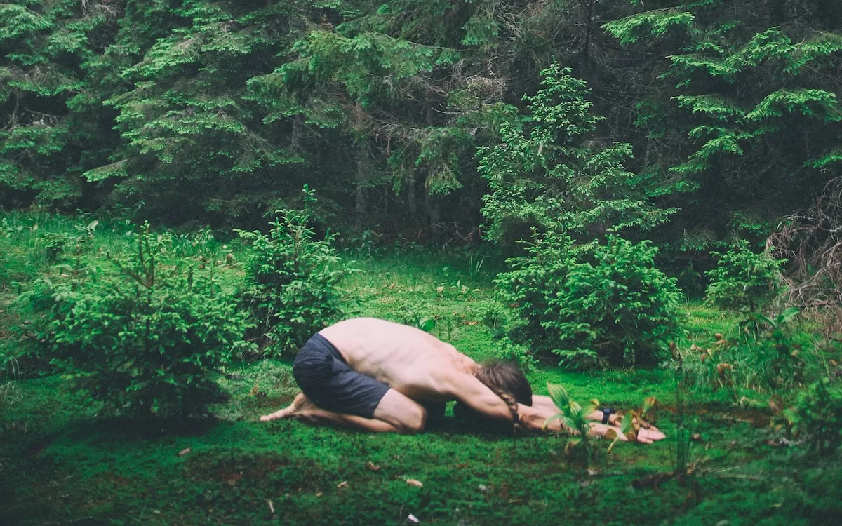 person lying on brown rock in the middle of green trees